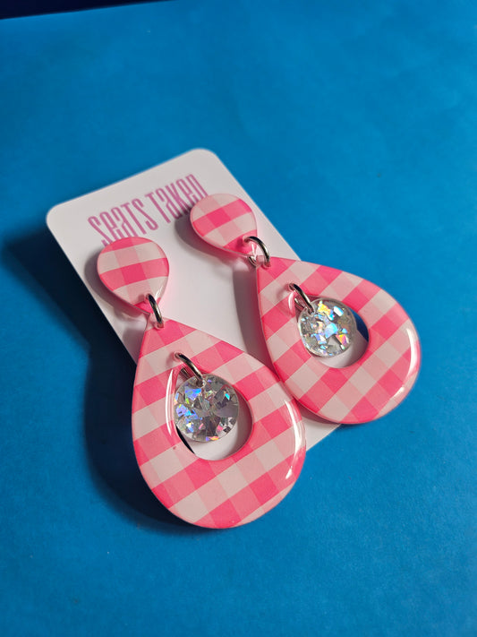 Gingham pink big drop dangles